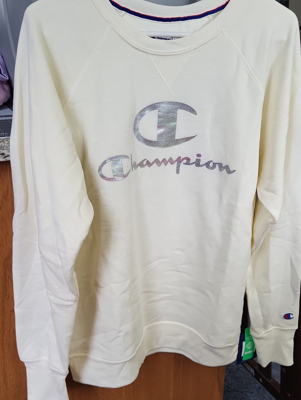 Champion Women's Cream Crewneck with Iridescent Logo